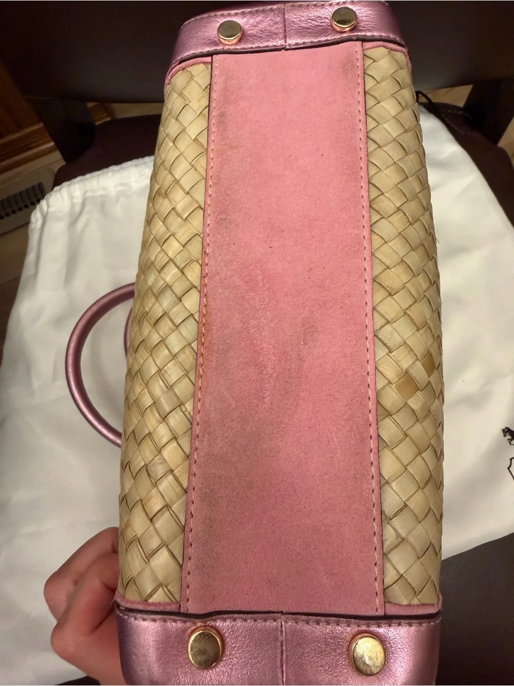 Vintage Coach Summer Satchel w/ Pink Metallic Leather, Suede & Gold Hardware